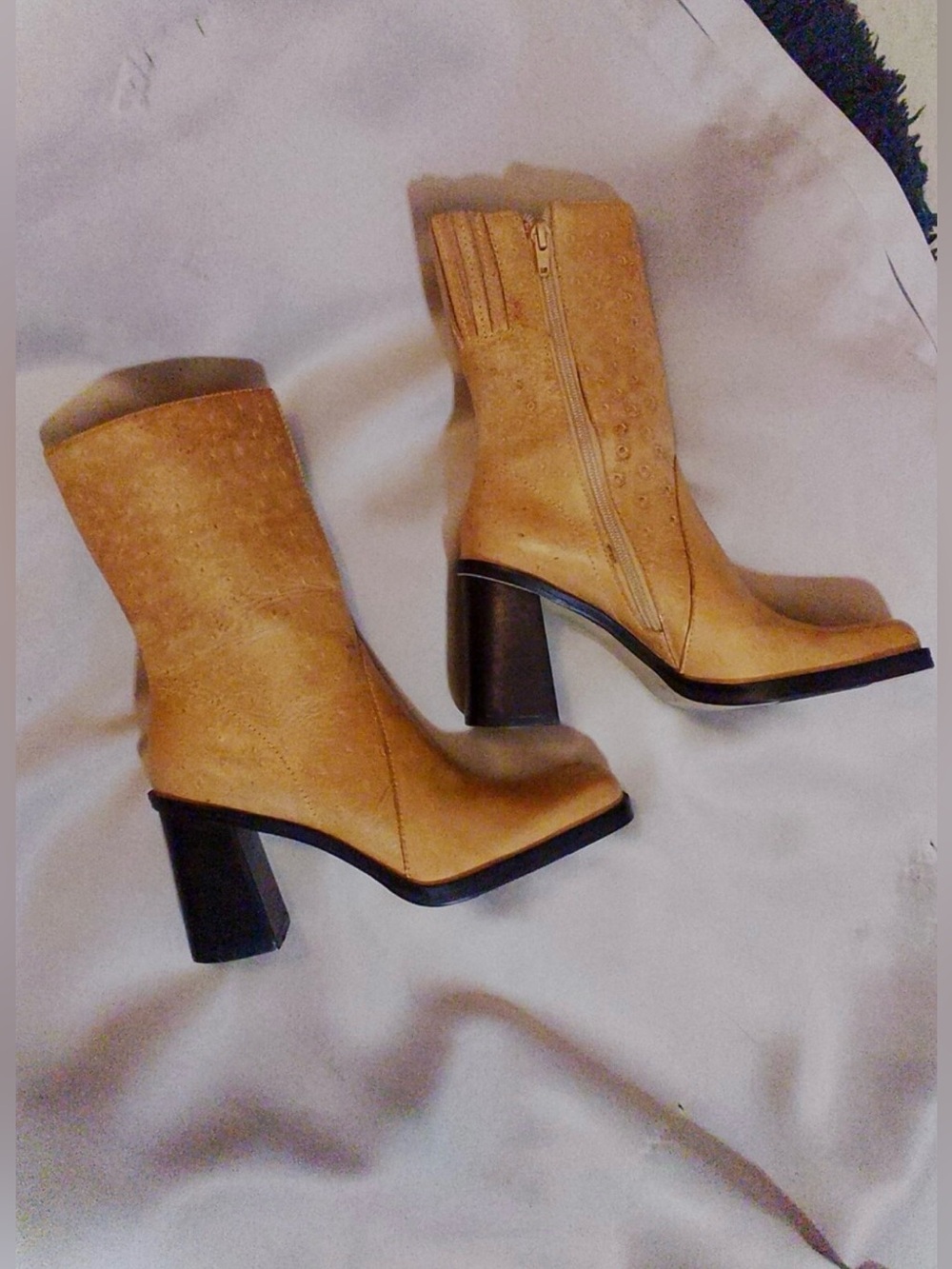 MIA Tan Ostrich-Texture Mid-Calf Chunky Block Heel Boots With Square Toe